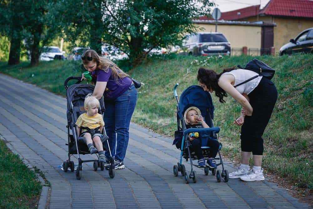 mothers walk with children in strollers
