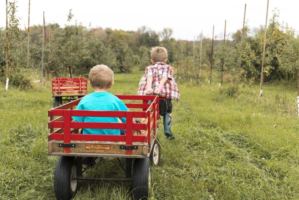 boy riding on a wagon being pulled by another boy
