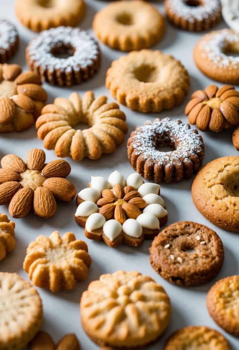 A table filled with various types of almond cookies, arranged in a decorative manner