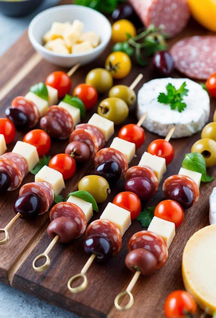 A platter of antipasto skewers arranged on a wooden board with colorful ingredients like olives, cheese, salami, and cherry tomatoes