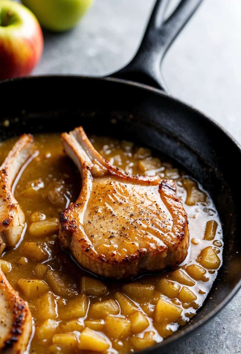 A sizzling pork chop in a skillet with a bubbling apple cider sauce