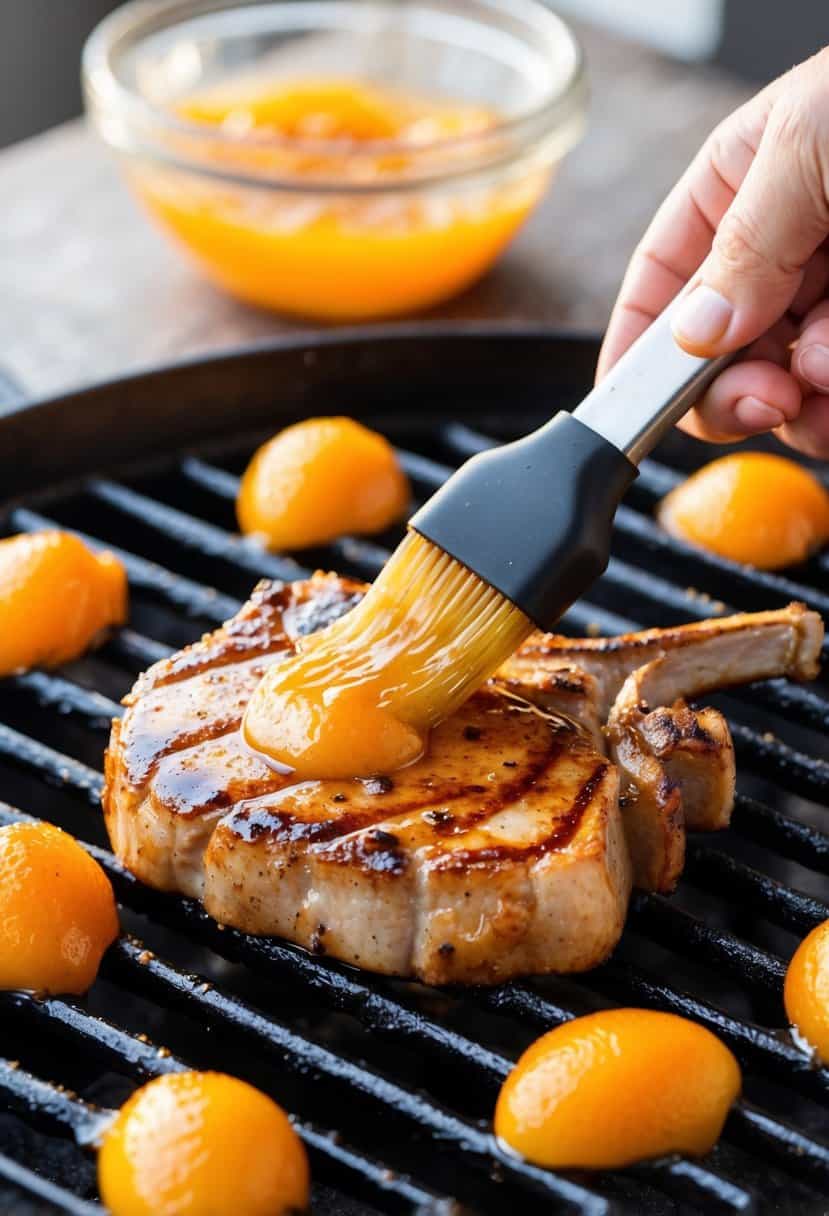 A sizzling pork chop being brushed with apricot glaze on a hot grill