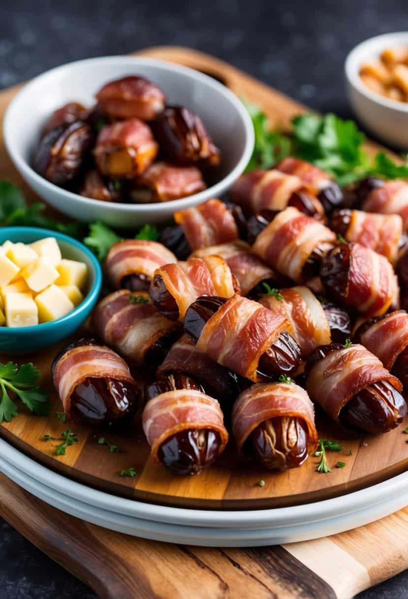 A platter of bacon-wrapped dates surrounded by other appetizers on a wooden serving board