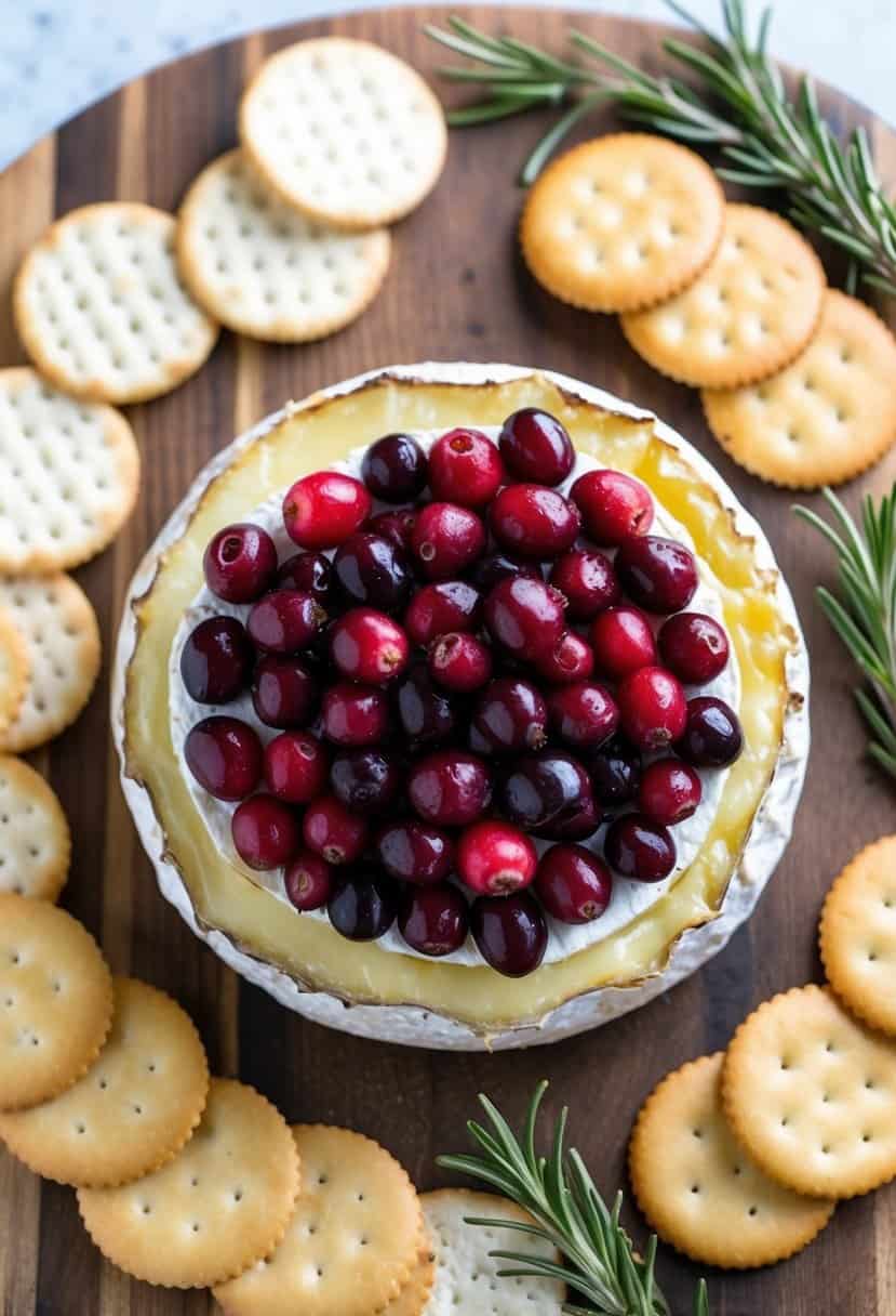 A round of baked brie topped with cranberries and served on a wooden cutting board surrounded by assorted crackers and fresh rosemary sprigs