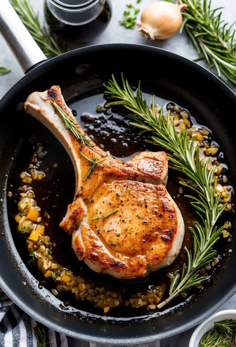 A sizzling pork chop cooking in a pan with balsamic and rosemary, surrounded by fresh herbs and ingredients