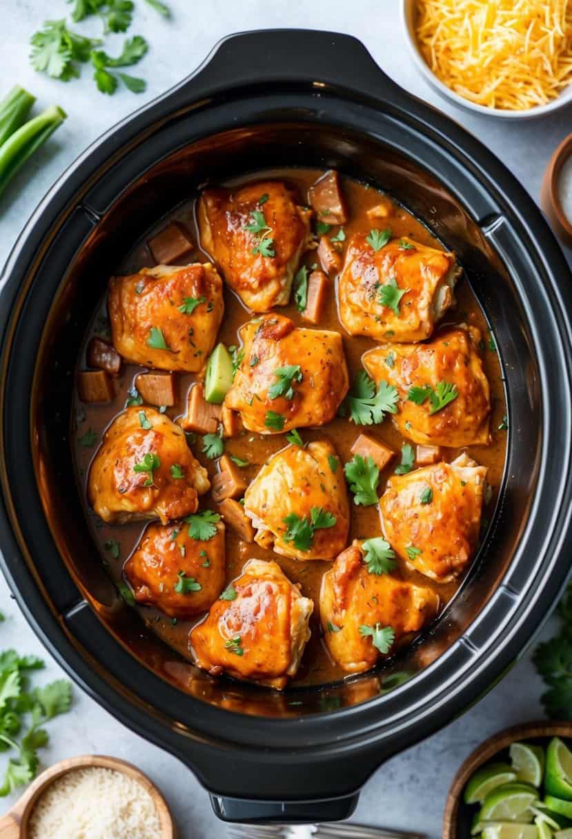 A crockpot filled with BBQ ranch chicken cooking with various ingredients scattered around