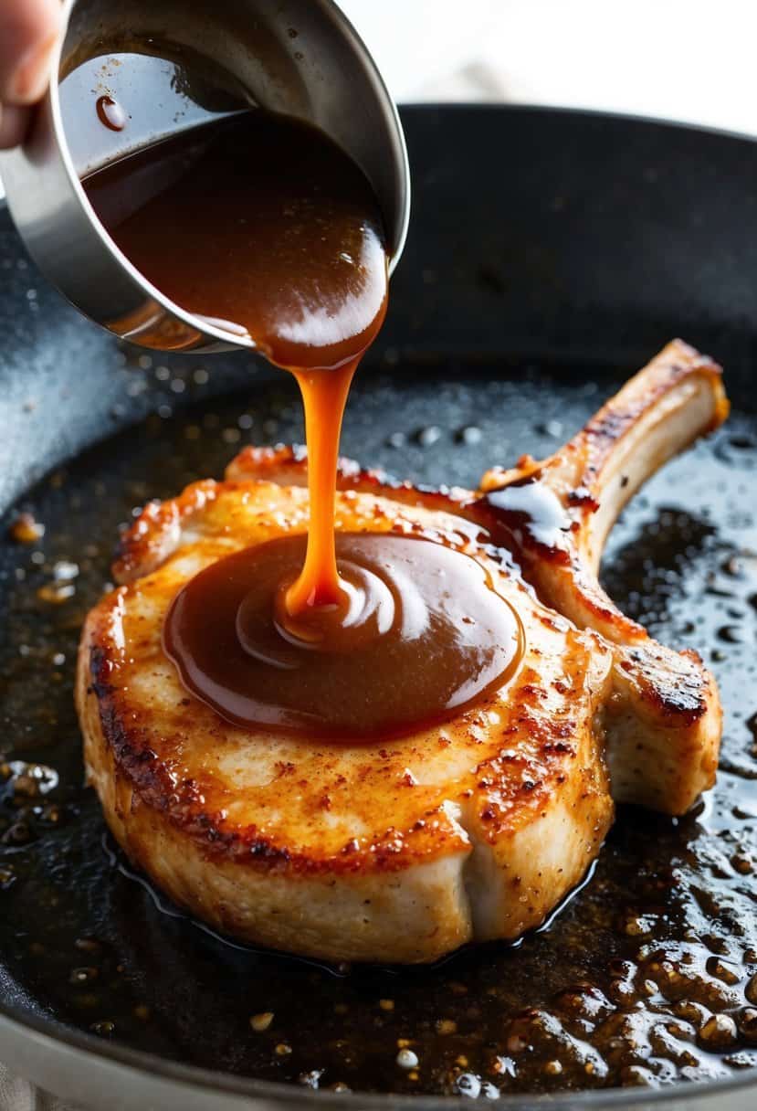 A sizzling pork chop being glazed with a rich brown sugar balsamic sauce in a hot skillet