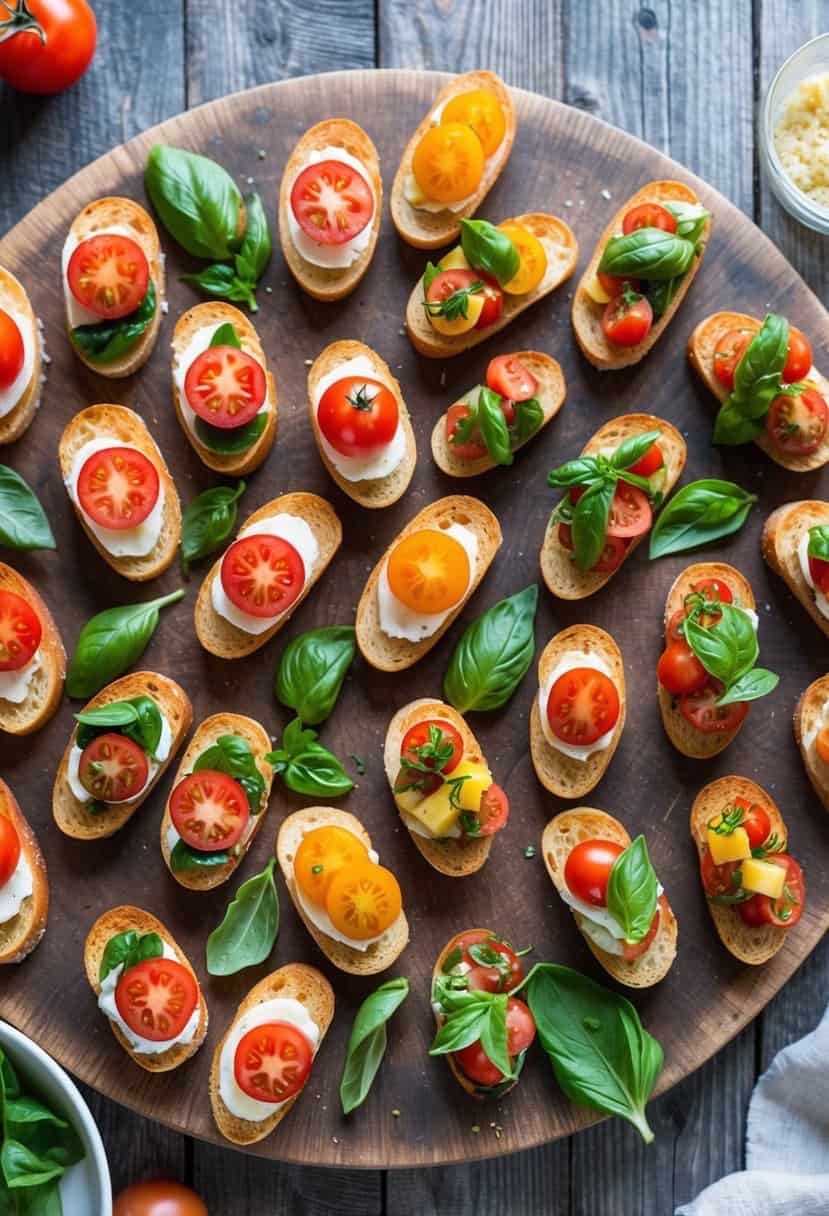 A rustic wooden table topped with a variety of bruschetta appetizers, including tomatoes, basil, and other fresh ingredients, arranged in an inviting and appetizing display