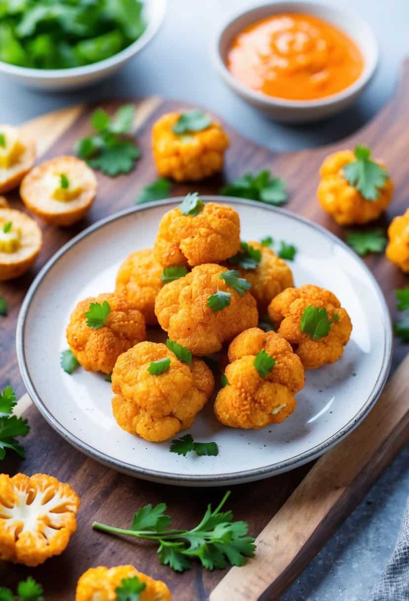 A plate of crispy buffalo cauliflower bites surrounded by various appetizers on a wooden serving board