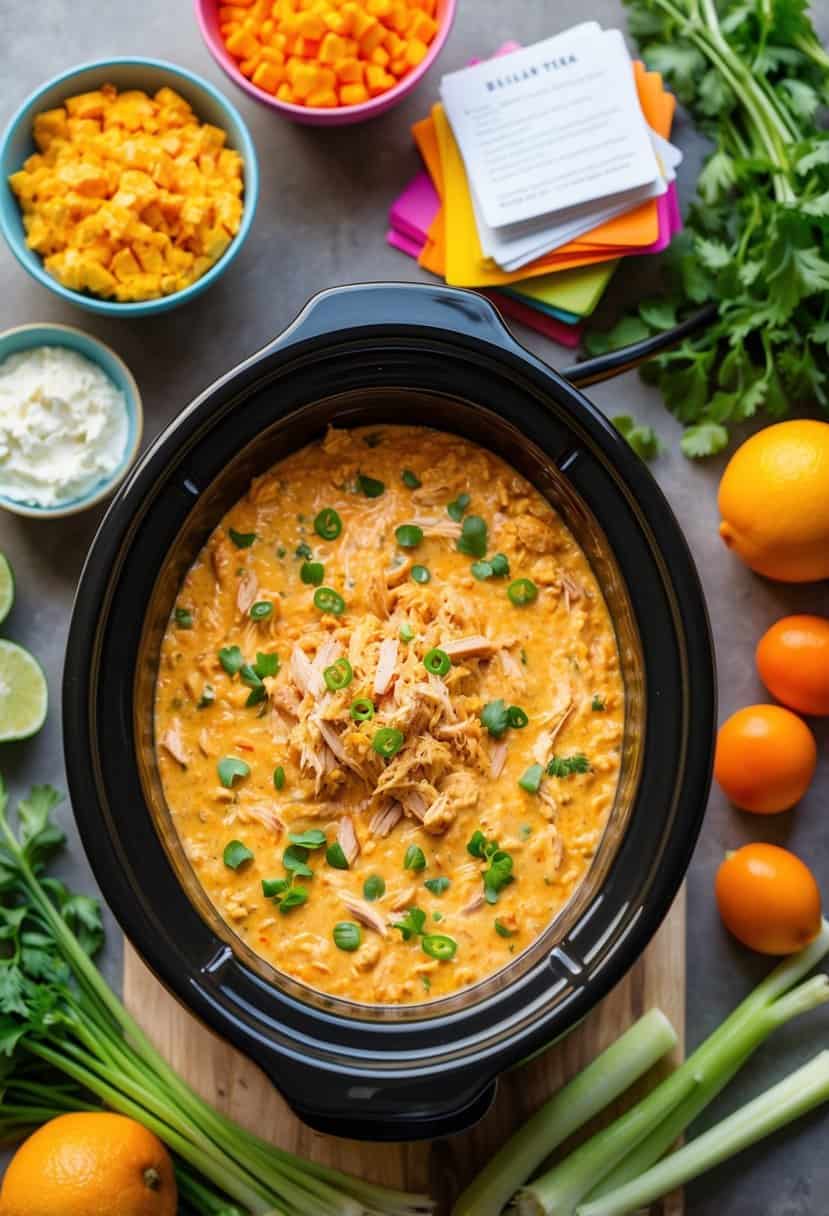 A bubbling crockpot filled with creamy buffalo chicken dip, surrounded by colorful ingredients and a stack of recipe cards