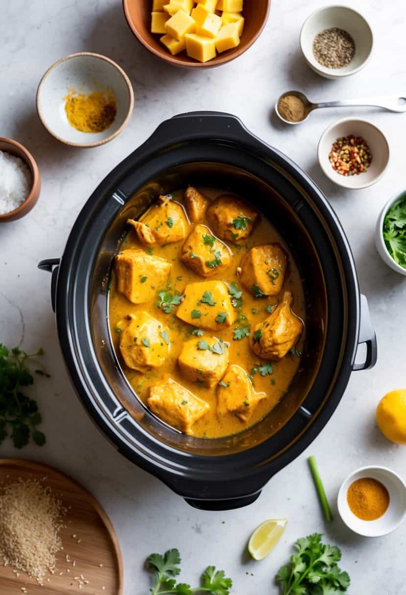 A crockpot filled with simmering butter chicken, surrounded by ingredients and spices on a kitchen counter