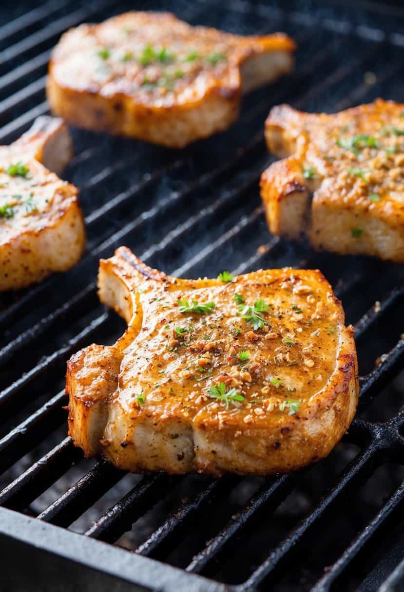 A sizzling pork chop seasoned with Cajun spices on a hot grill