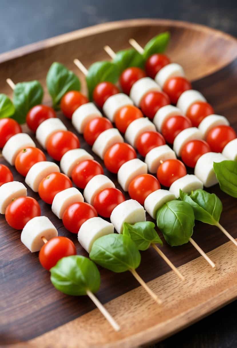 A wooden serving platter with Caprese skewers arranged in a neat row, each skewer featuring cherry tomatoes, mozzarella, and fresh basil leaves