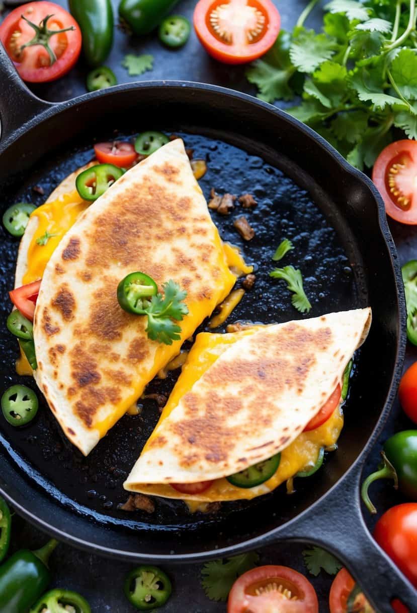 A sizzling cheese quesadilla on a hot skillet, surrounded by colorful ingredients like tomatoes, jalapeños, and cilantro