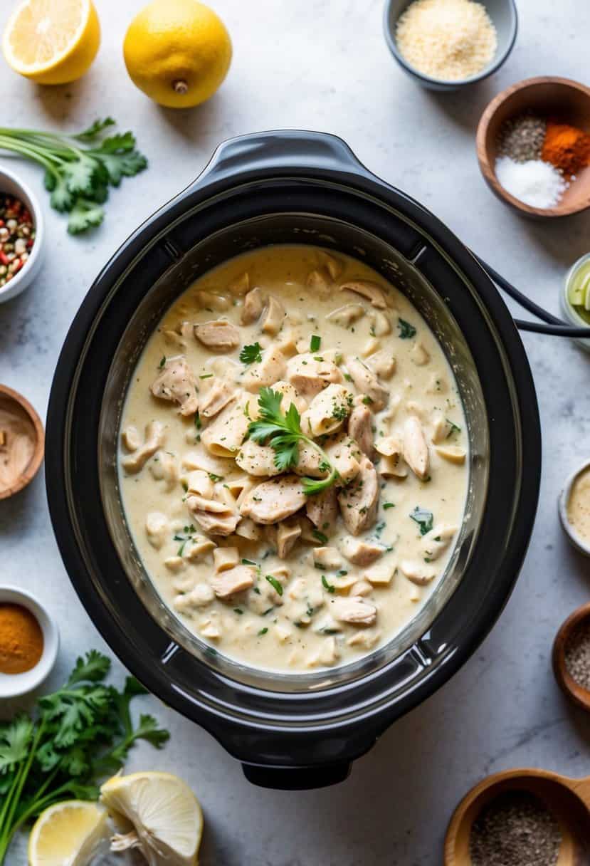 A crockpot simmering with creamy Chicken Alfredo, surrounded by various ingredients and spices