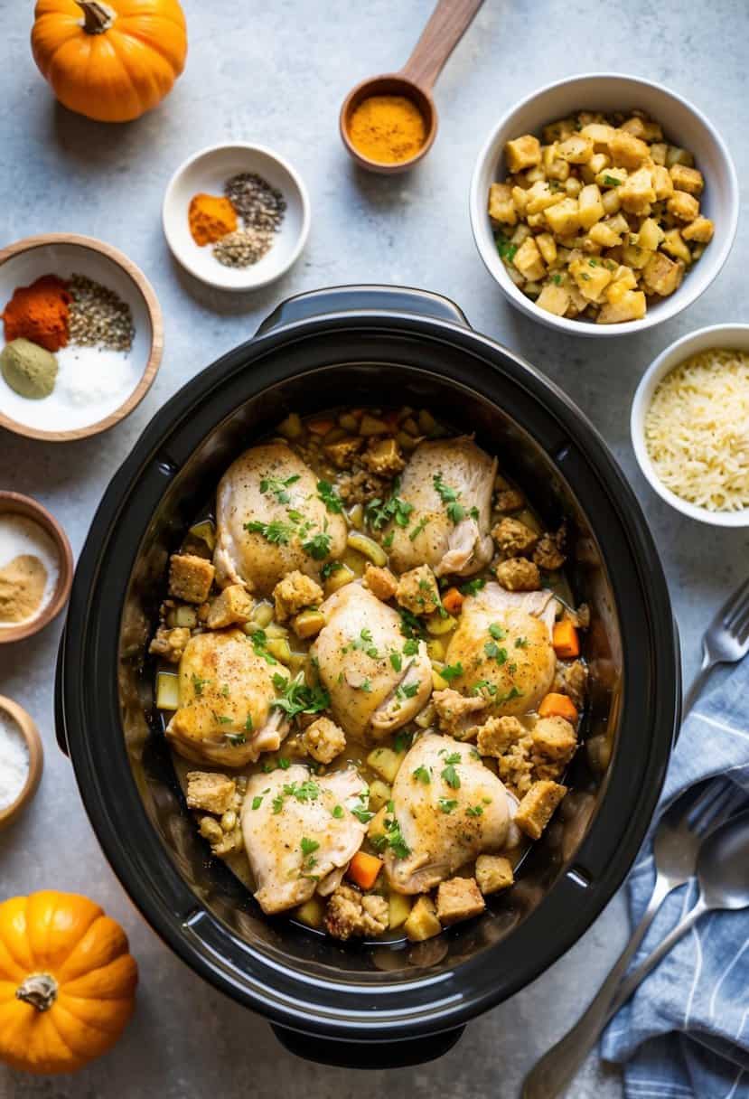 A crockpot filled with chicken and stuffing surrounded by various ingredients and spices on a kitchen counter