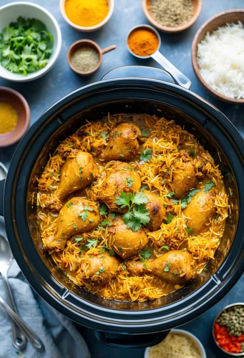 A crockpot filled with aromatic Chicken Biryani, surrounded by various cooking ingredients and spices