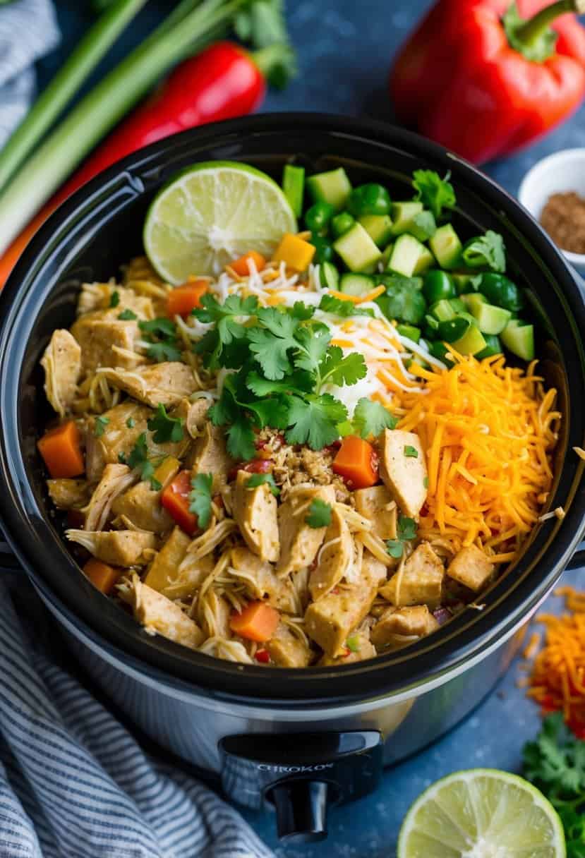 A crockpot filled with chicken burrito bowl ingredients, surrounded by colorful vegetables and spices