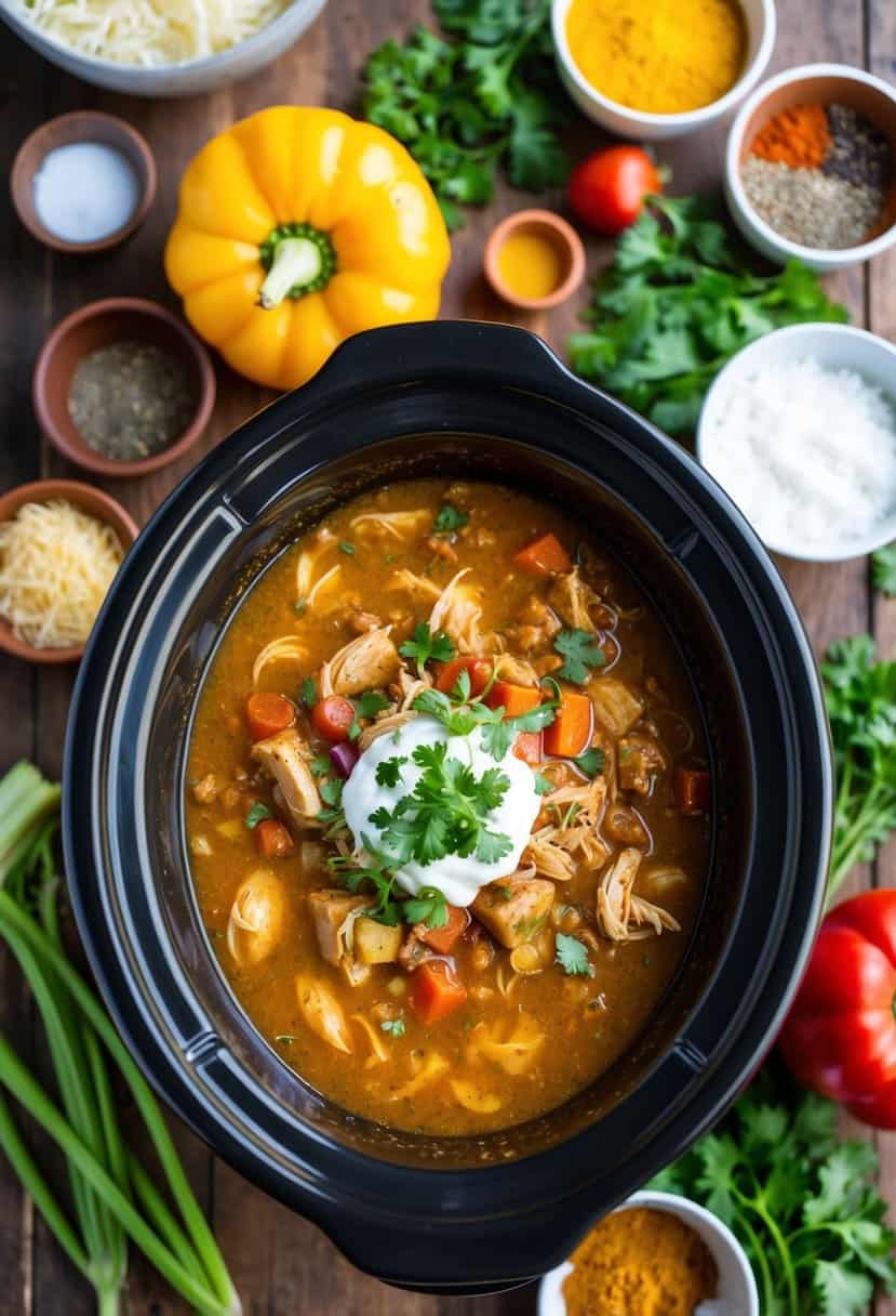 A crockpot filled with bubbling chicken chili, surrounded by colorful ingredients and spices
