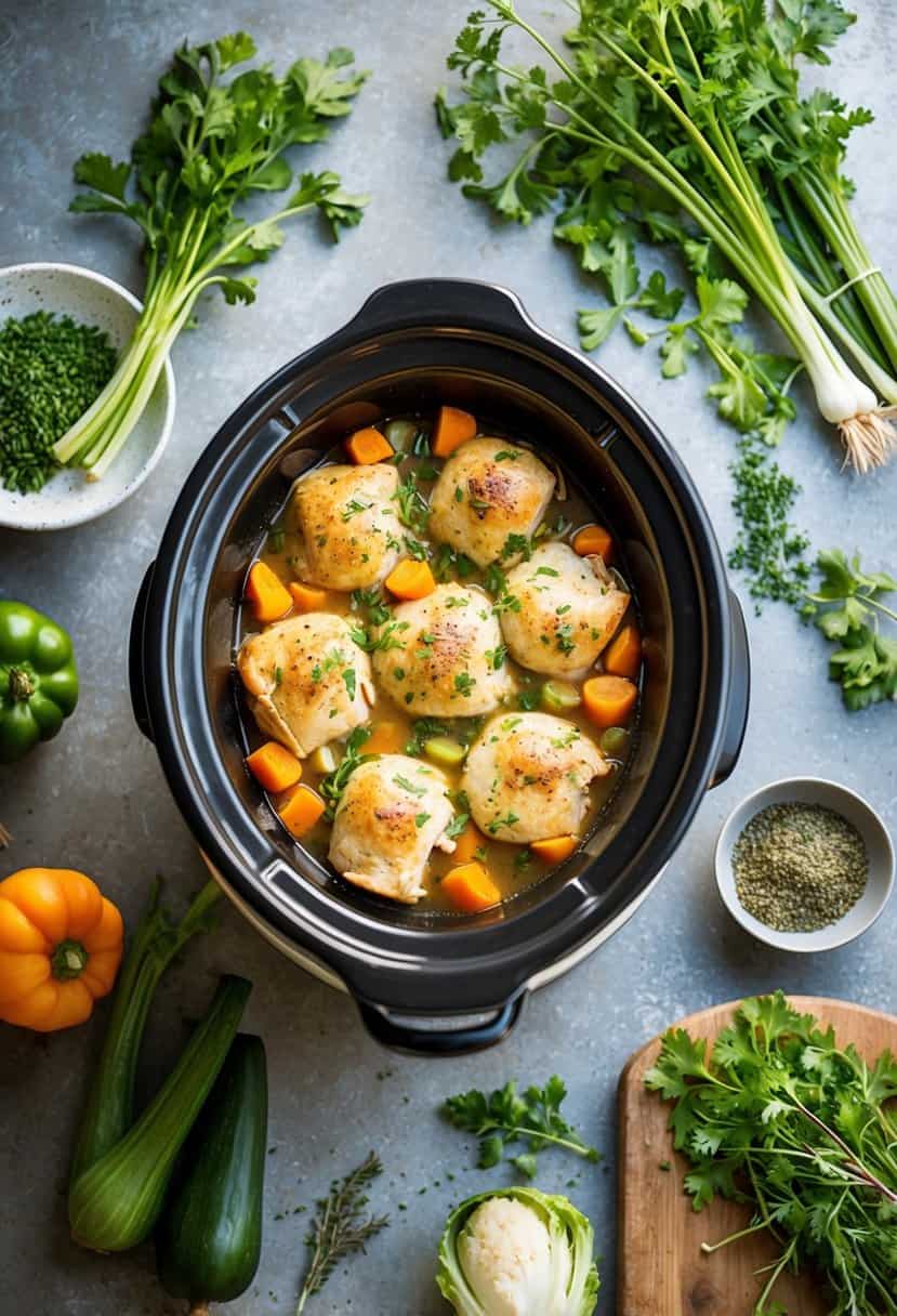 A crockpot filled with savory Chicken Cobbler, surrounded by fresh vegetables and herbs on a rustic kitchen counter