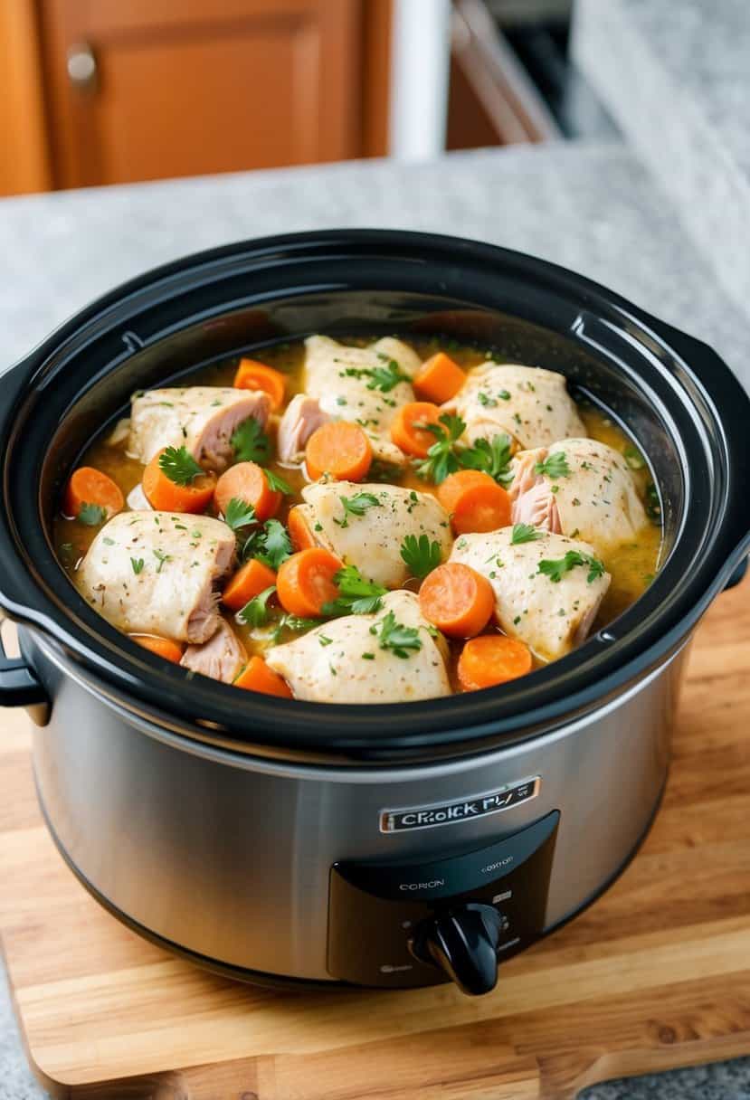 A crockpot filled with Chicken Cordon Bleu ingredients simmering on a kitchen counter