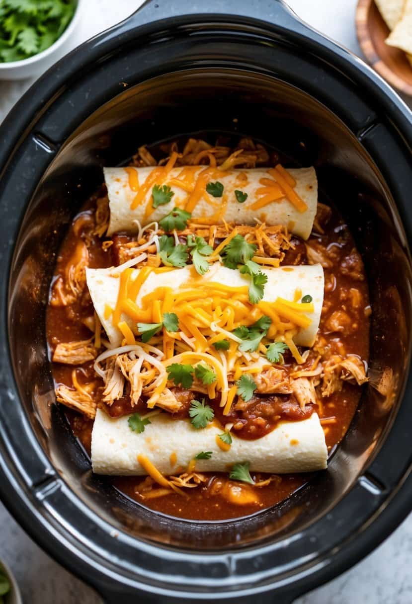 A bubbling crockpot filled with layers of tortillas, shredded chicken, cheese, and enchilada sauce. A tantalizing aroma fills the kitchen