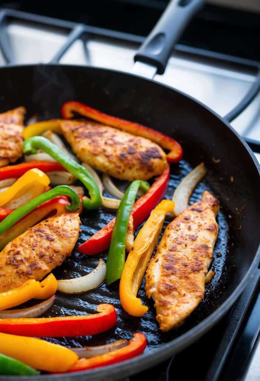 A sizzling skillet of chicken fajitas with colorful peppers and onions cooking on a stovetop