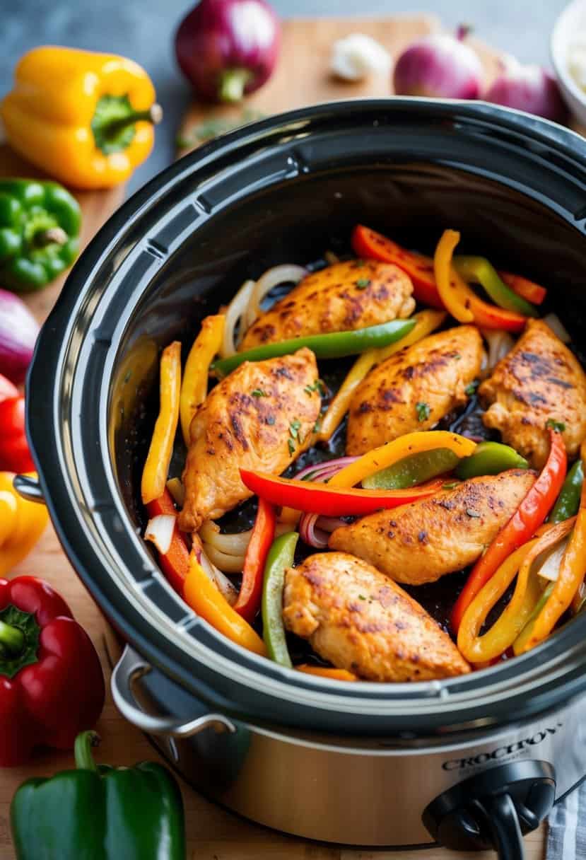 A crockpot filled with sizzling chicken fajitas, surrounded by colorful peppers and onions, with a tantalizing aroma wafting through the kitchen