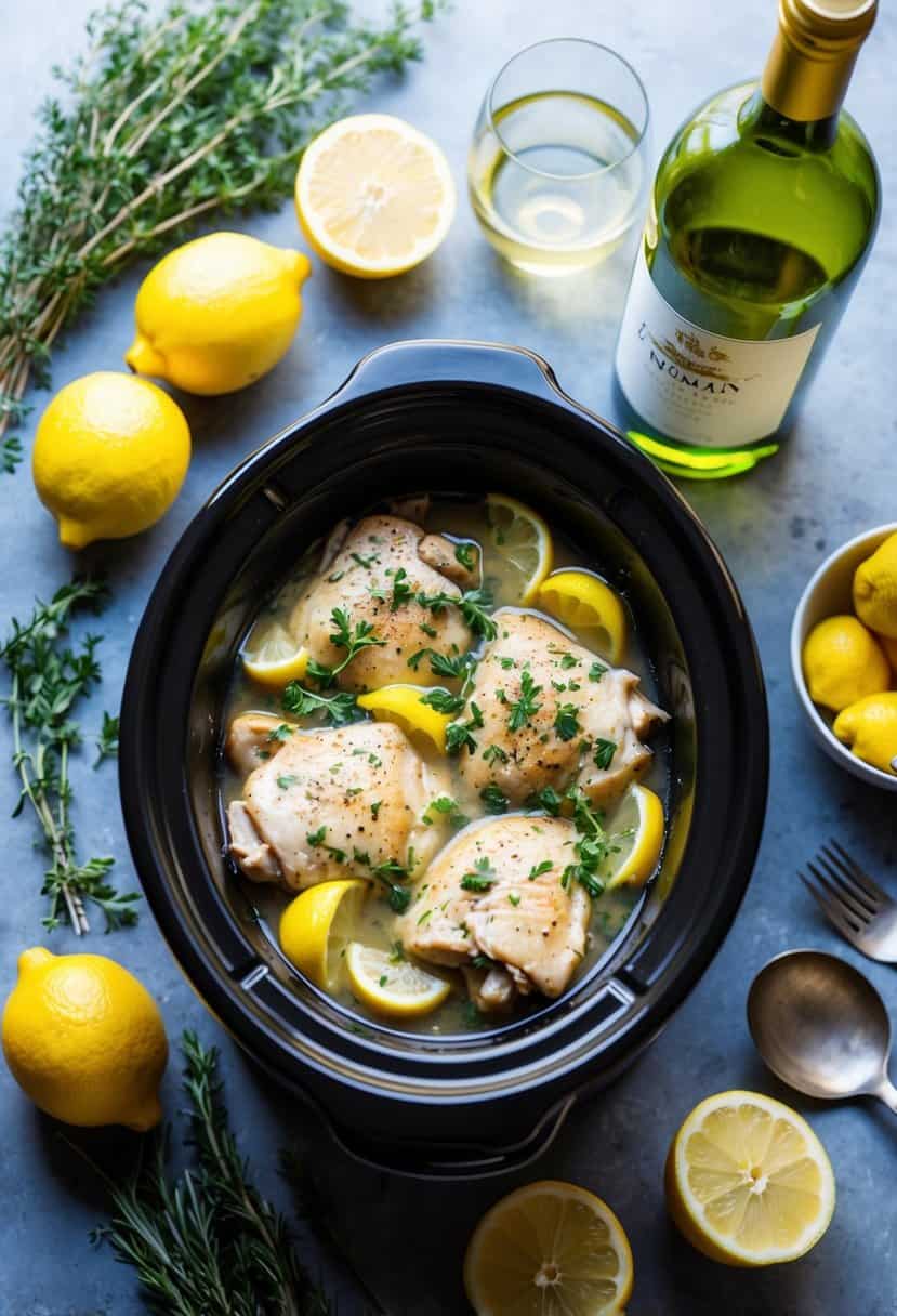 A crockpot simmering with Chicken Francese, surrounded by fresh lemons, herbs, and a bottle of white wine