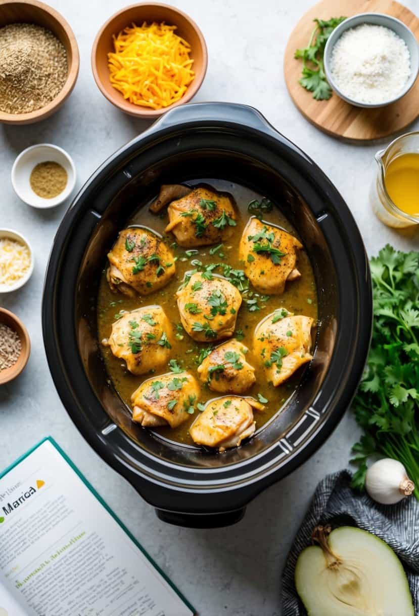 A crockpot filled with Chicken Marsala surrounded by ingredients and a recipe book