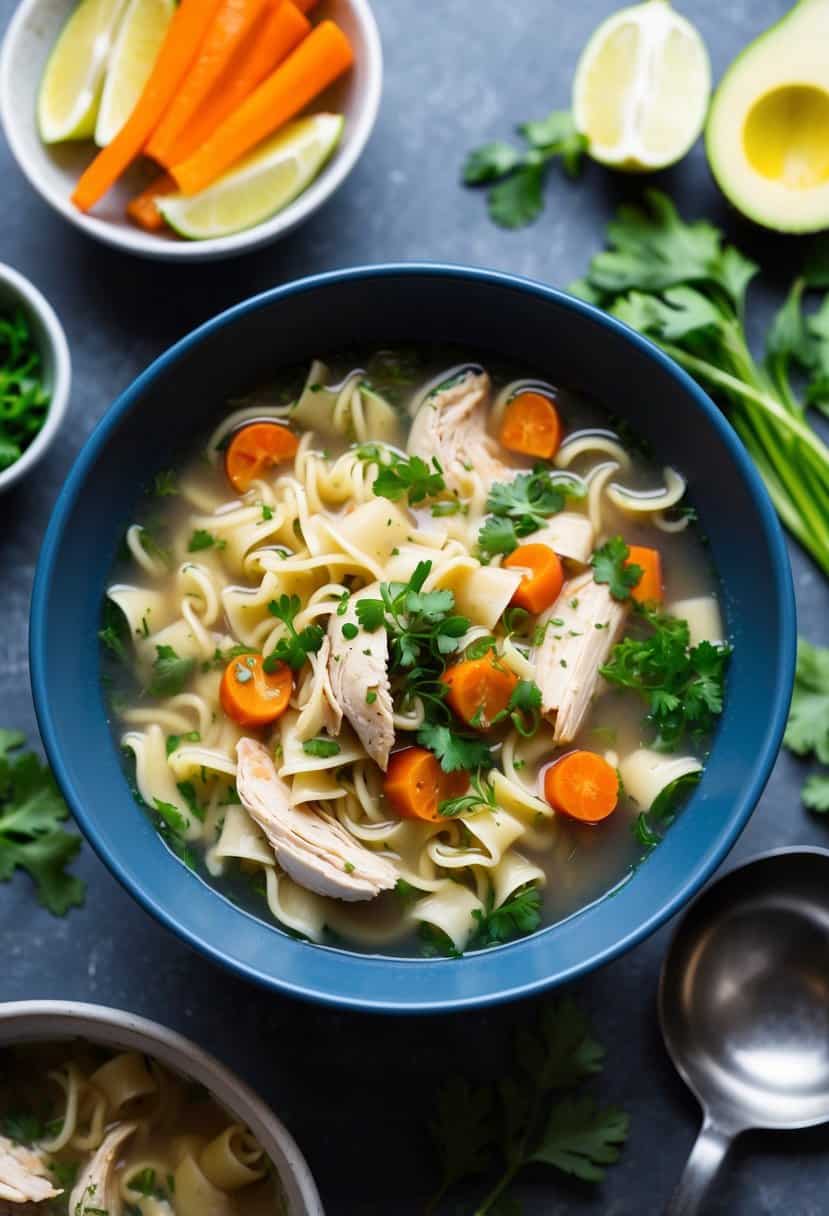 A steaming bowl of chicken noodle soup surrounded by fresh ingredients and a ladle