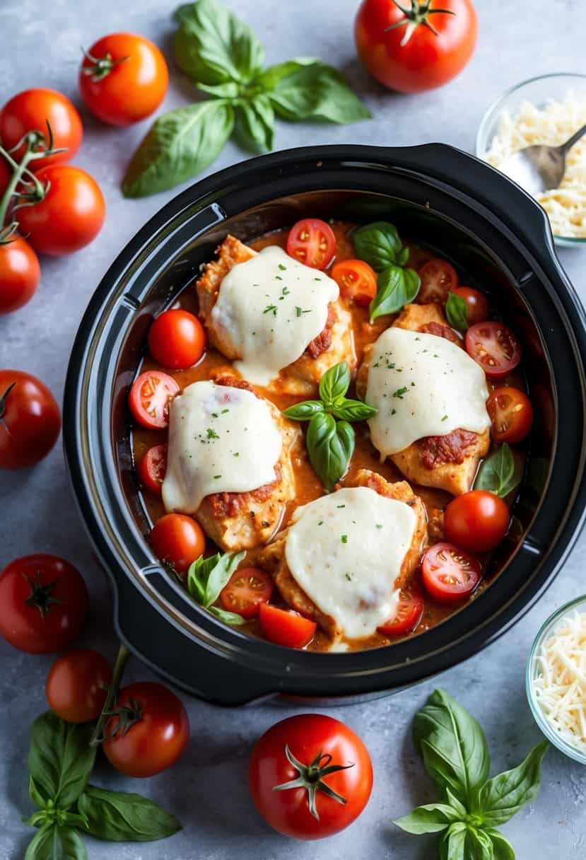 A crockpot filled with chicken parmesan surrounded by fresh tomatoes, basil, and melted cheese