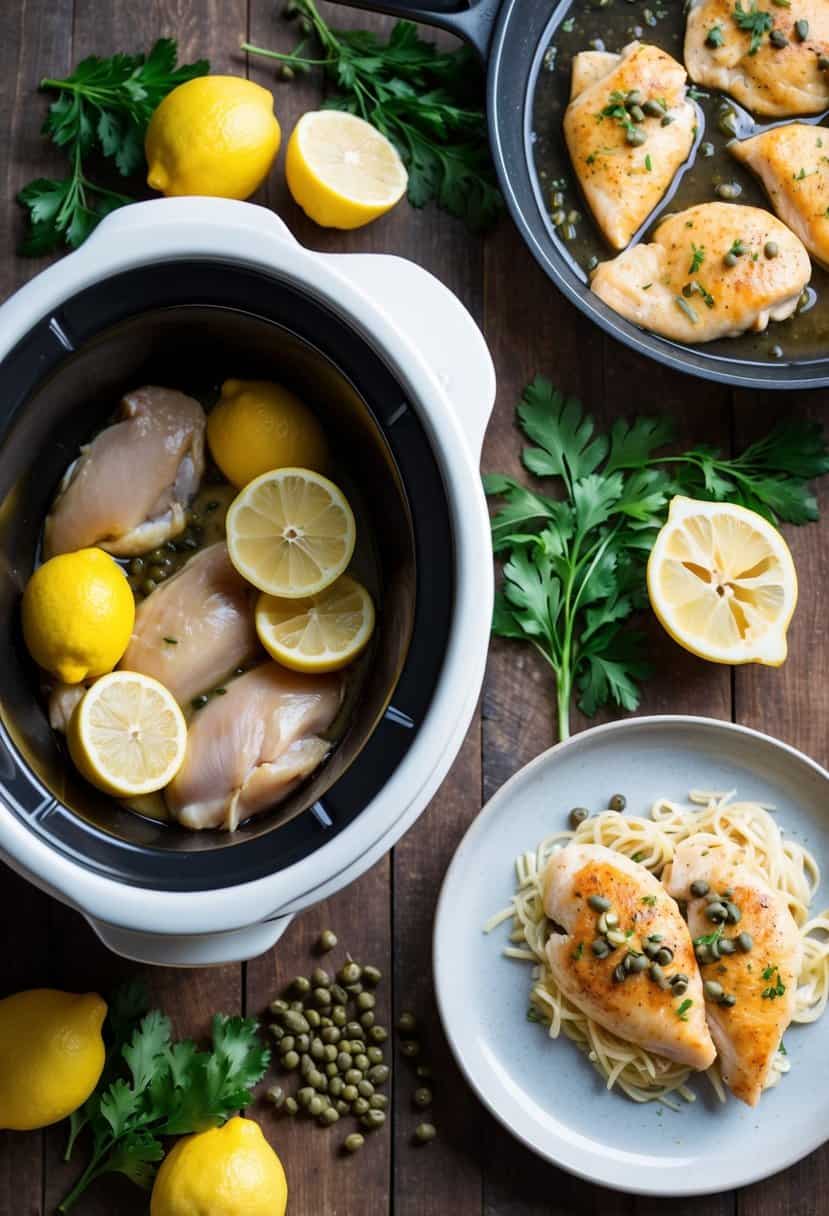 A crockpot surrounded by fresh lemons, capers, and raw chicken breasts, with a skillet and a plate of cooked chicken piccata nearby