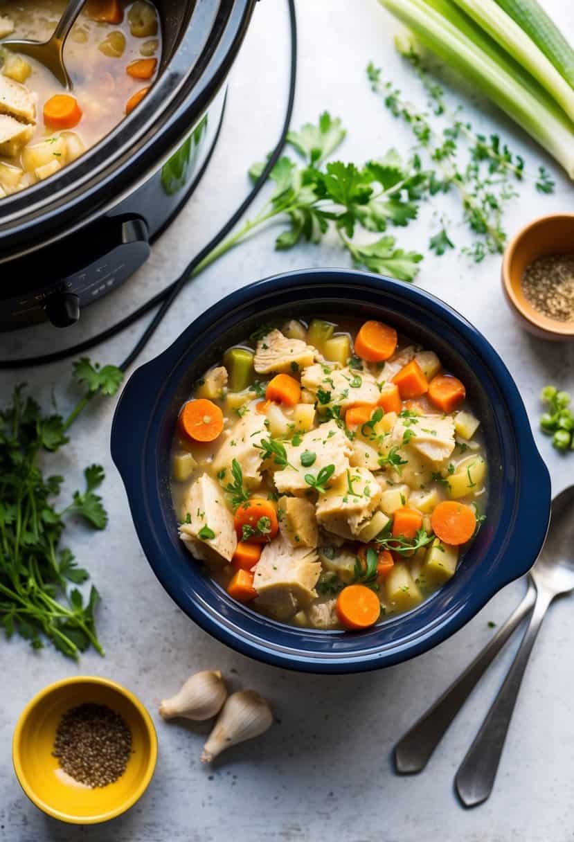 A bubbling crockpot filled with savory chicken pot pie filling, surrounded by fresh vegetables and herbs