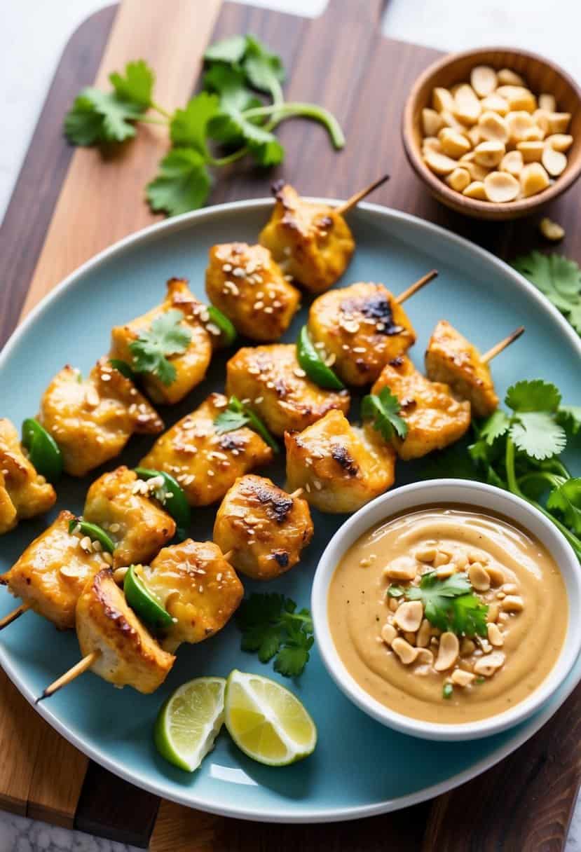 A plate of chicken satay skewers with a side of peanut sauce, garnished with chopped peanuts and fresh cilantro on a wooden serving board