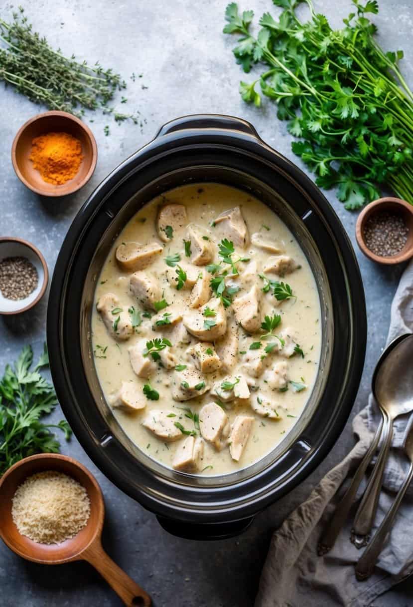 A crockpot simmering with creamy chicken stroganoff, surrounded by fresh herbs and spices on a rustic kitchen counter