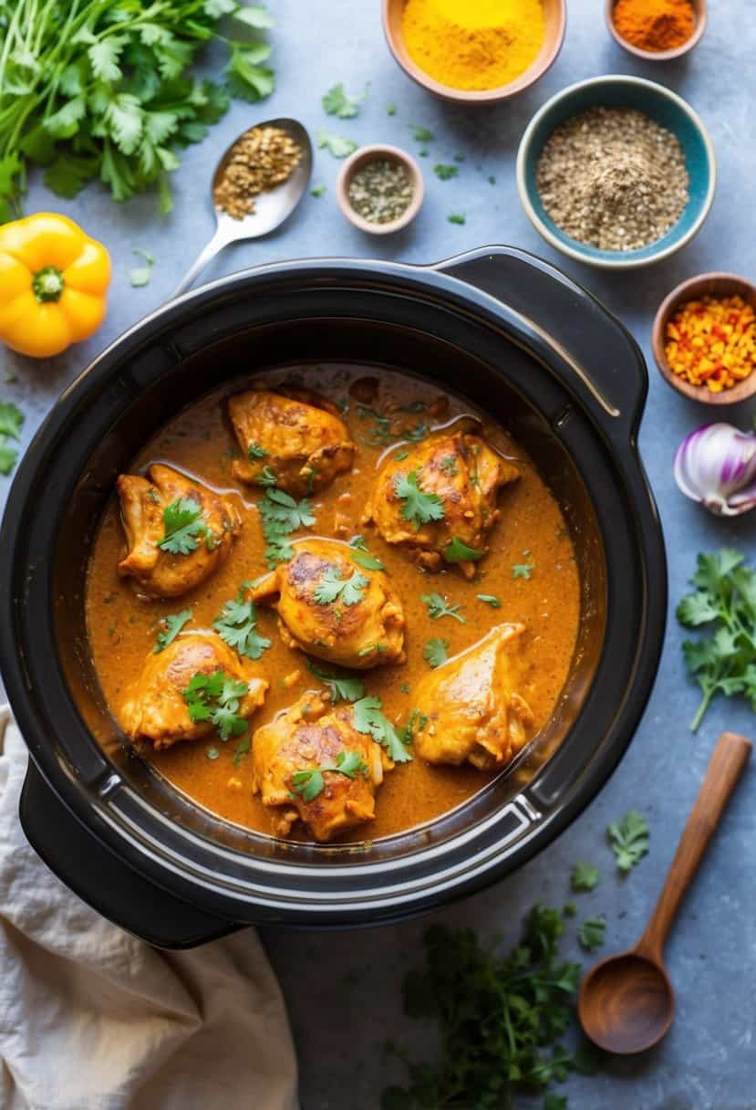 A crockpot filled with simmering Chicken Tikka Masala surrounded by colorful spices and herbs
