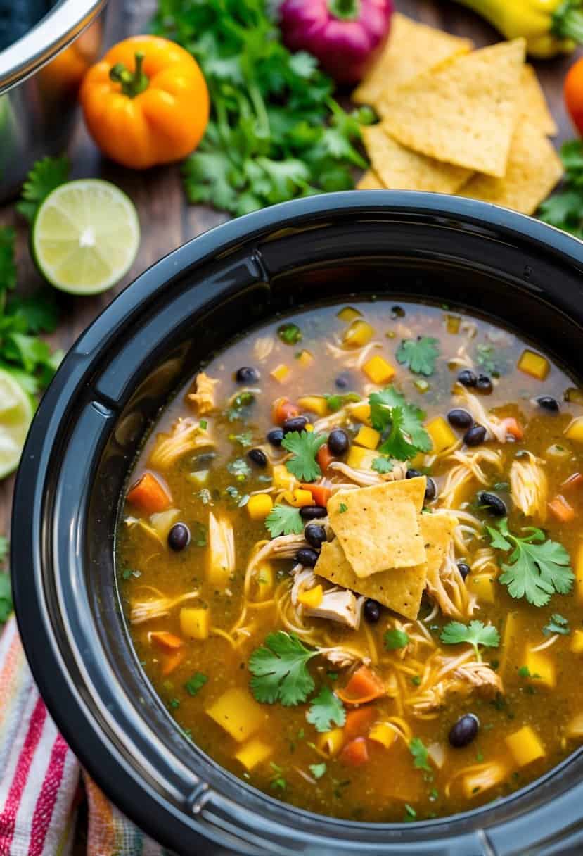 A steaming bowl of chicken tortilla soup surrounded by colorful ingredients in a crockpot