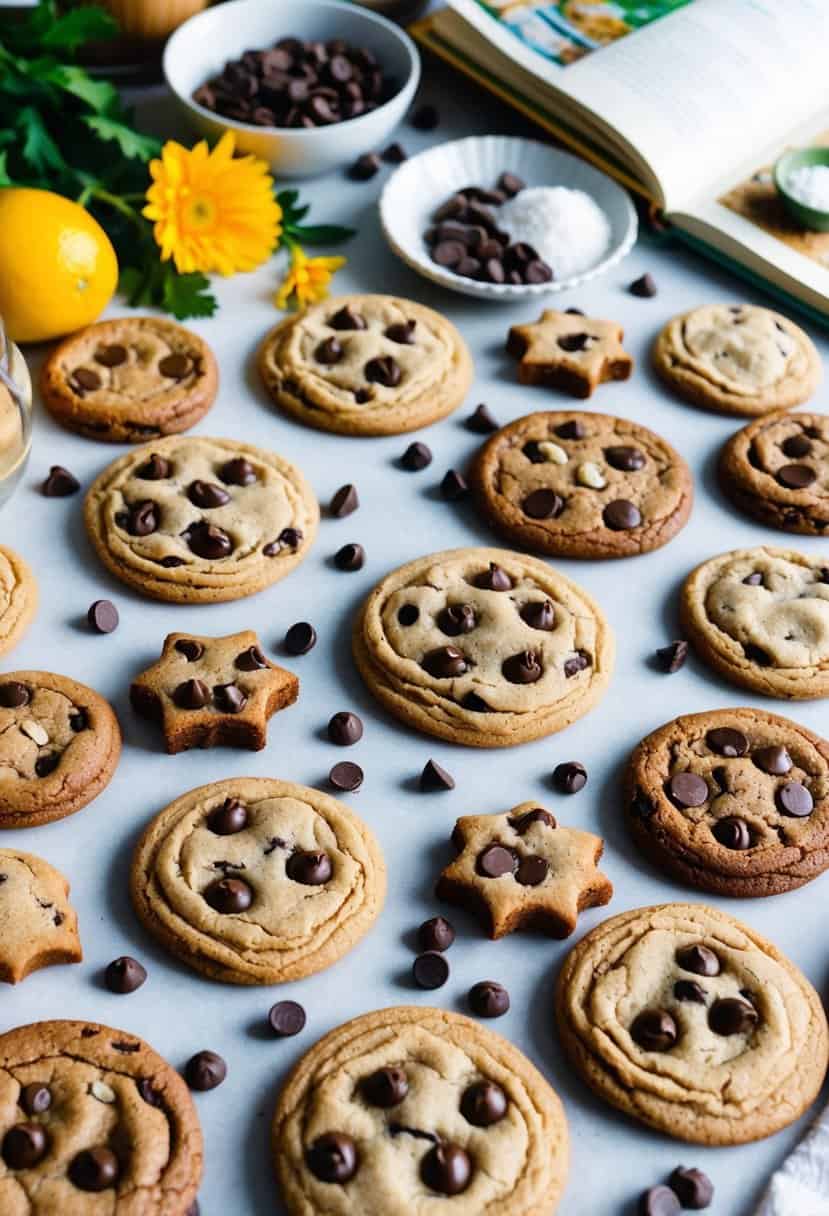 A table covered in freshly baked chocolate chip cookies of various shapes and sizes, surrounded by ingredients and recipe books