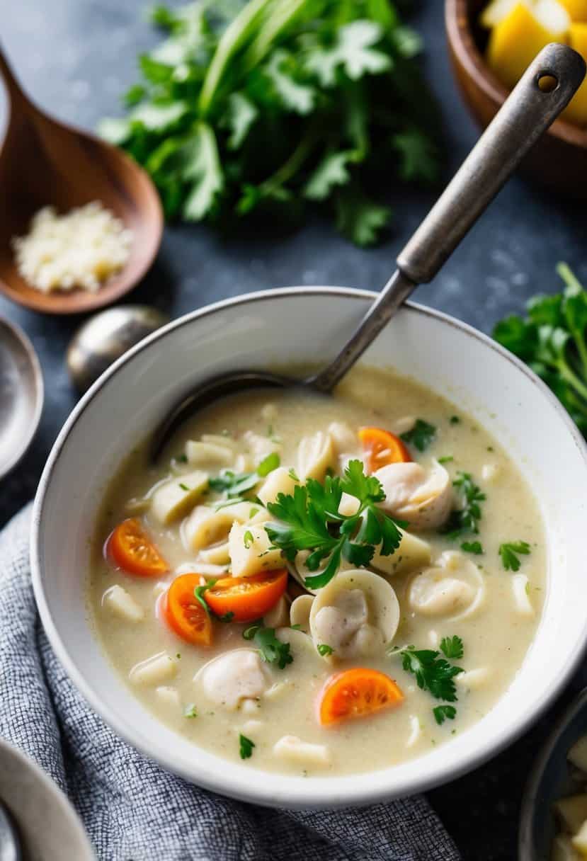 A steaming bowl of clam chowder surrounded by fresh ingredients and a rustic ladle