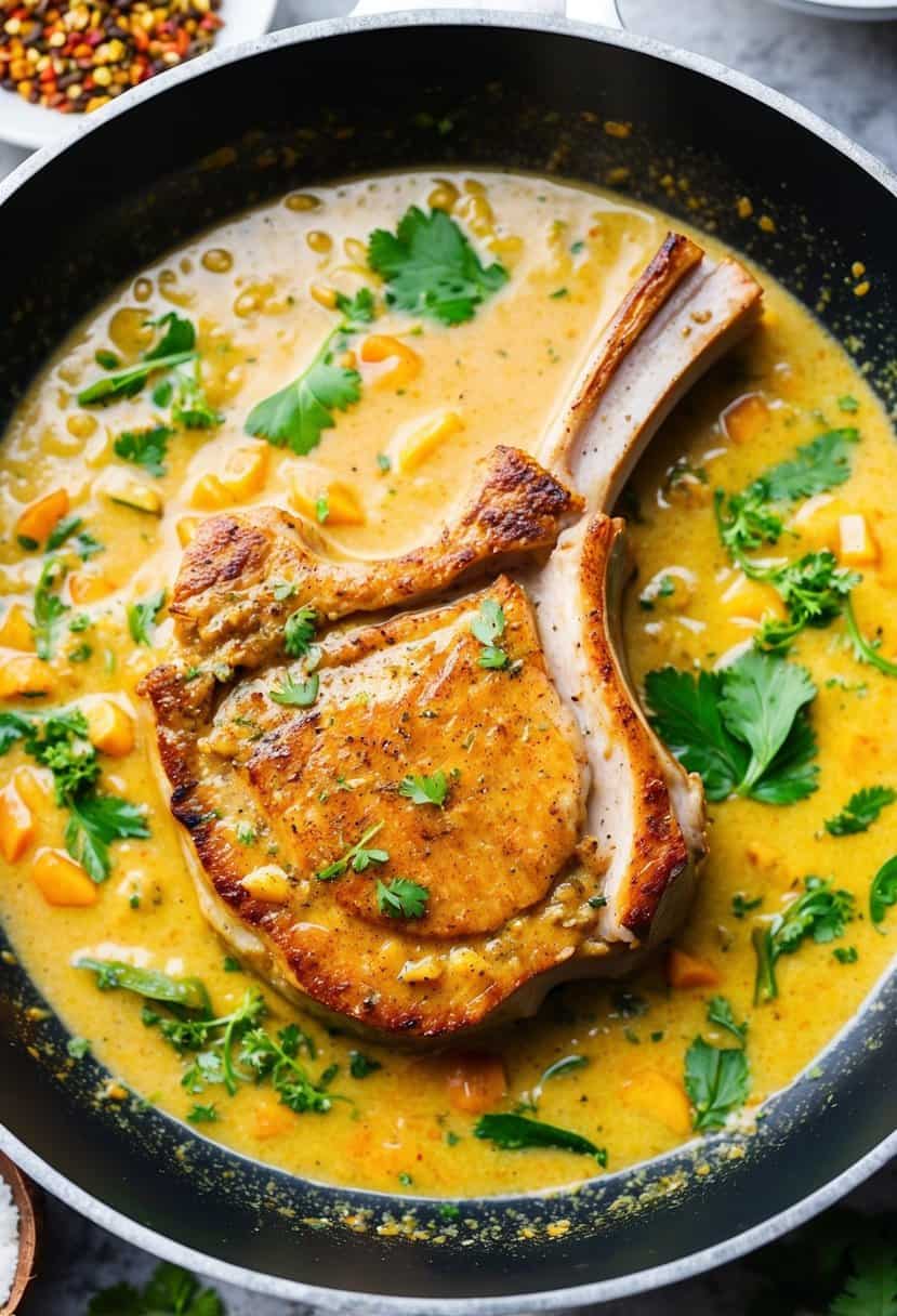 A sizzling pork chop in a coconut curry sauce, surrounded by aromatic spices and herbs