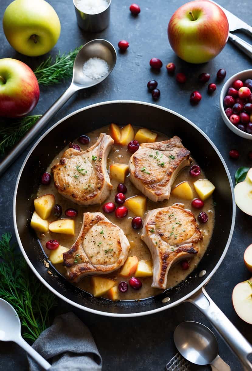 A skillet sizzling with pork chops, cranberries, and apples cooking in a savory sauce, surrounded by fresh ingredients and kitchen utensils