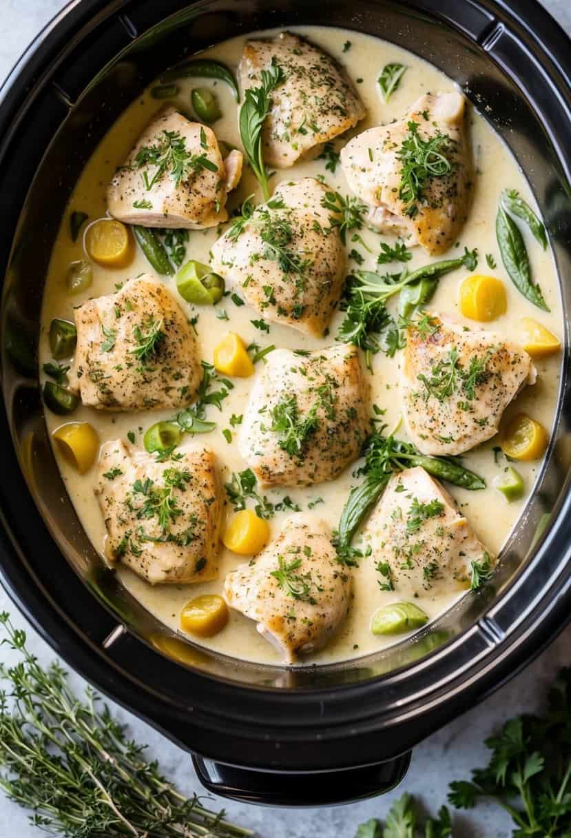 A crockpot filled with creamy Tuscan chicken surrounded by fresh herbs and vegetables
