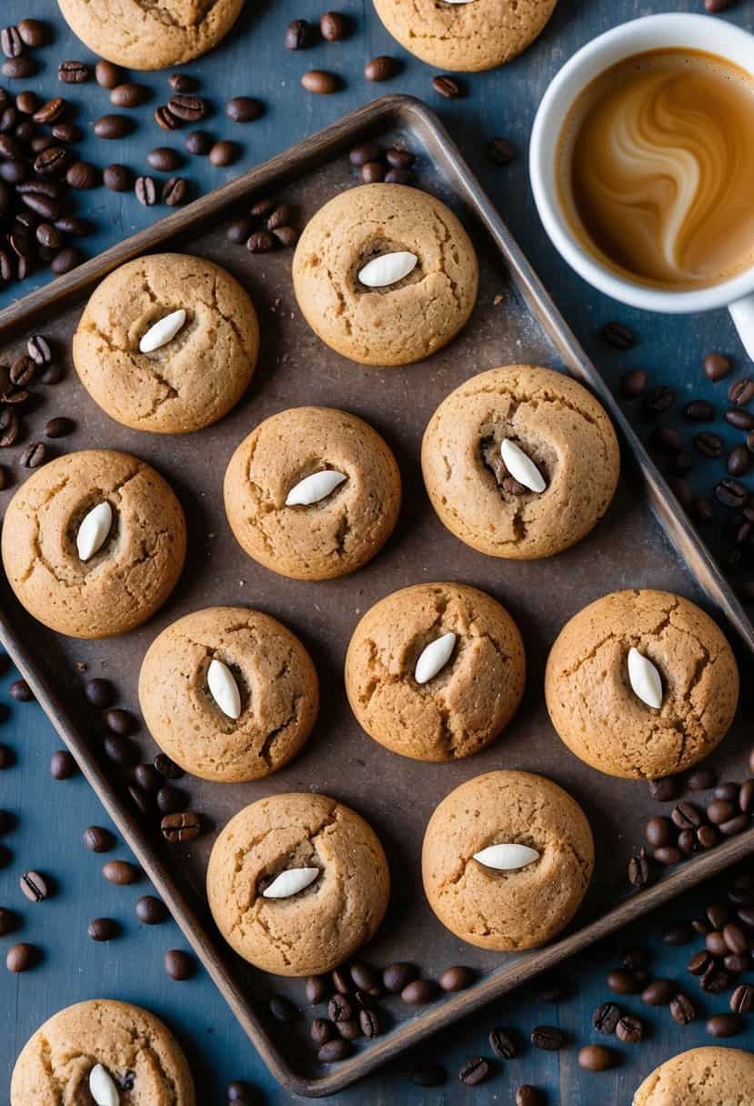 A table with a variety of freshly baked espresso cookies displayed on a rustic wooden tray, surrounded by scattered coffee beans and a steaming cup of espresso