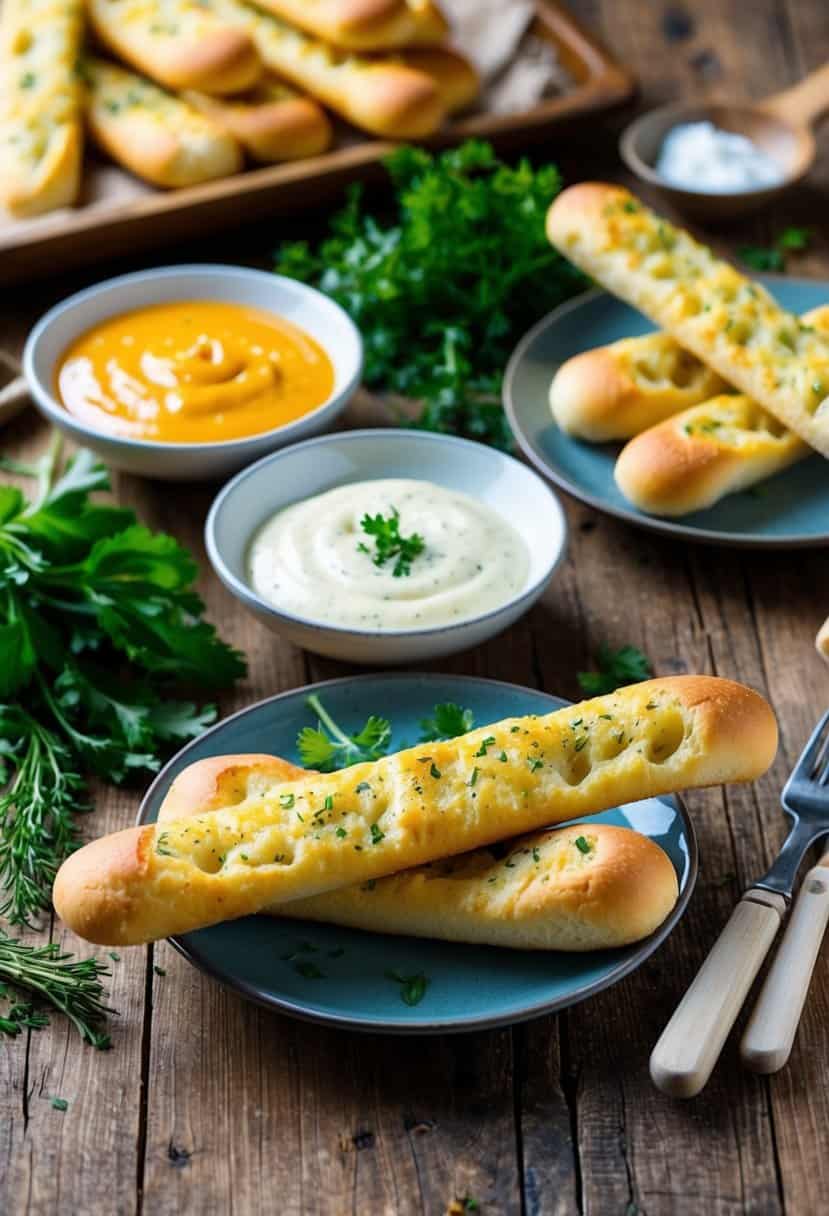 A rustic wooden table set with a variety of garlic breadsticks and dipping sauces, surrounded by fresh herbs and ingredients