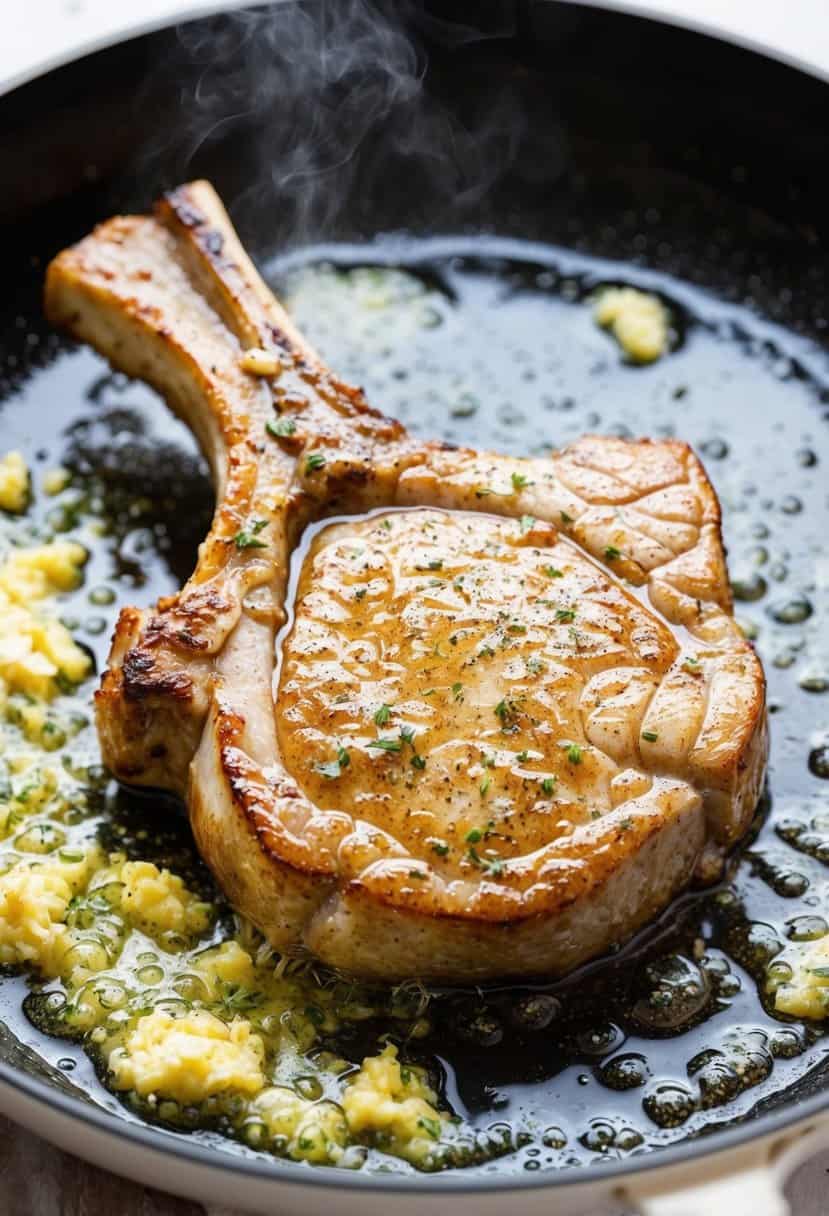 A sizzling pork chop is being cooked in a skillet with bubbling garlic butter, emitting a mouth-watering aroma