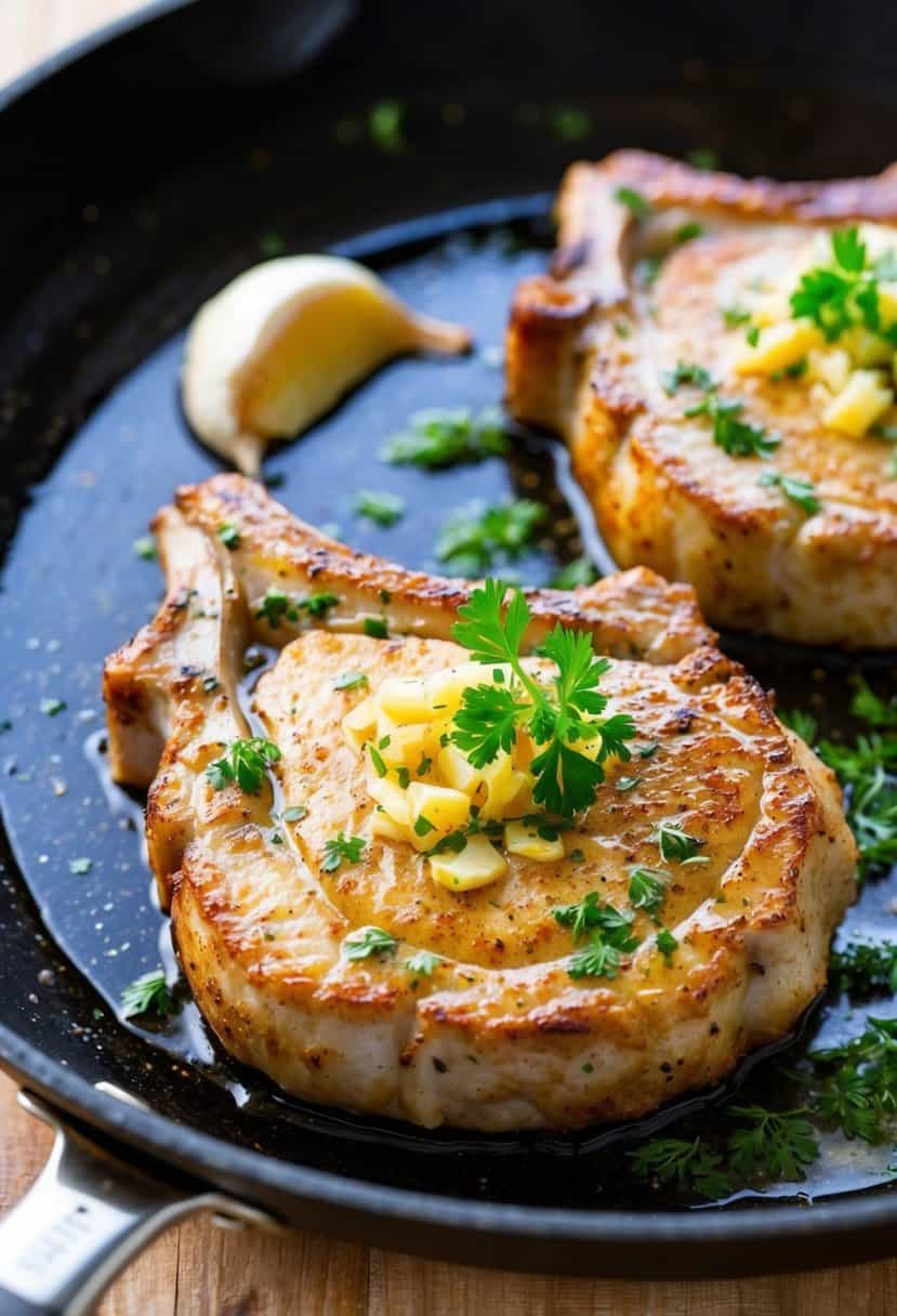 A sizzling pork chop with garlic and herbs cooking on a hot skillet