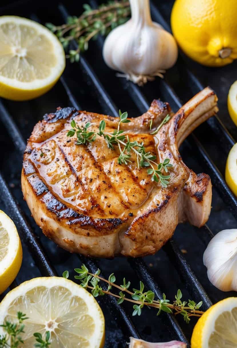 A sizzling pork chop cooking on a hot grill, surrounded by fresh garlic, lemon slices, and sprigs of thyme