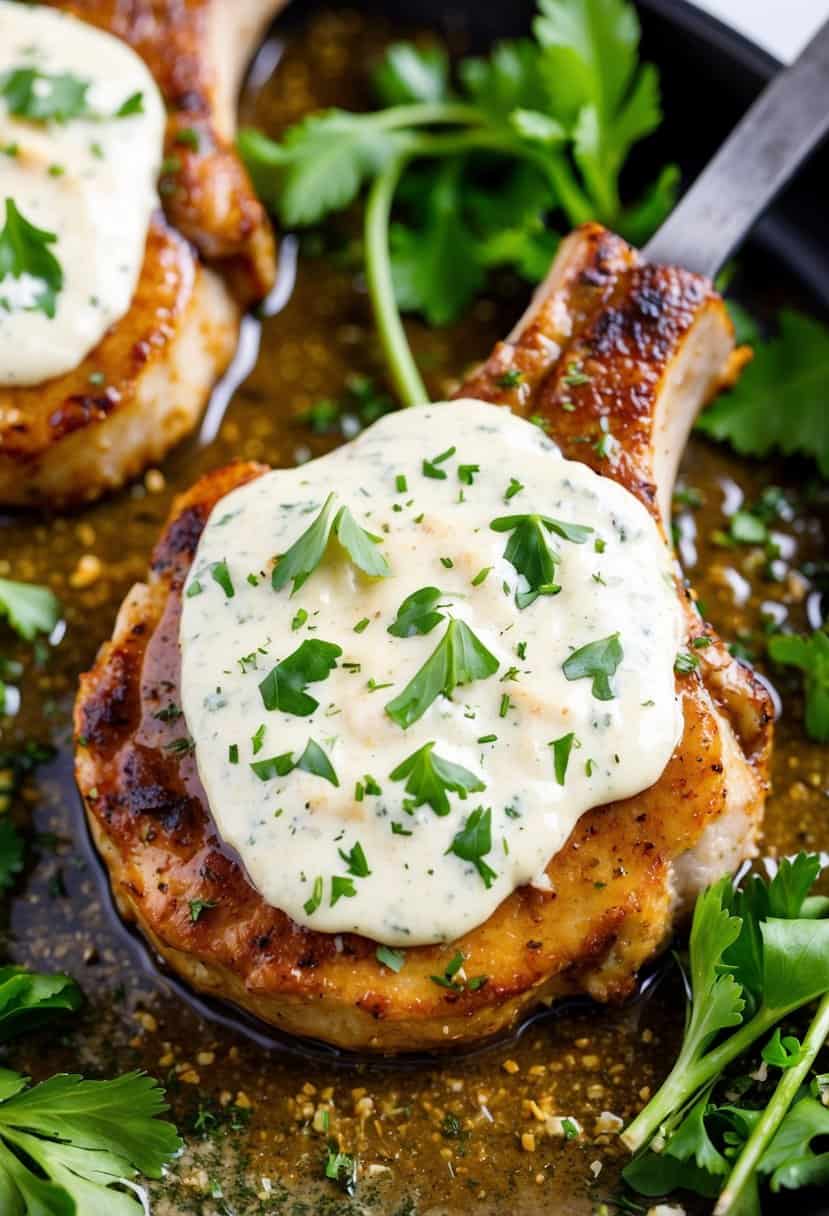 A sizzling pork chop covered in a rich garlic parmesan ranch sauce, surrounded by fresh herbs and seasoning