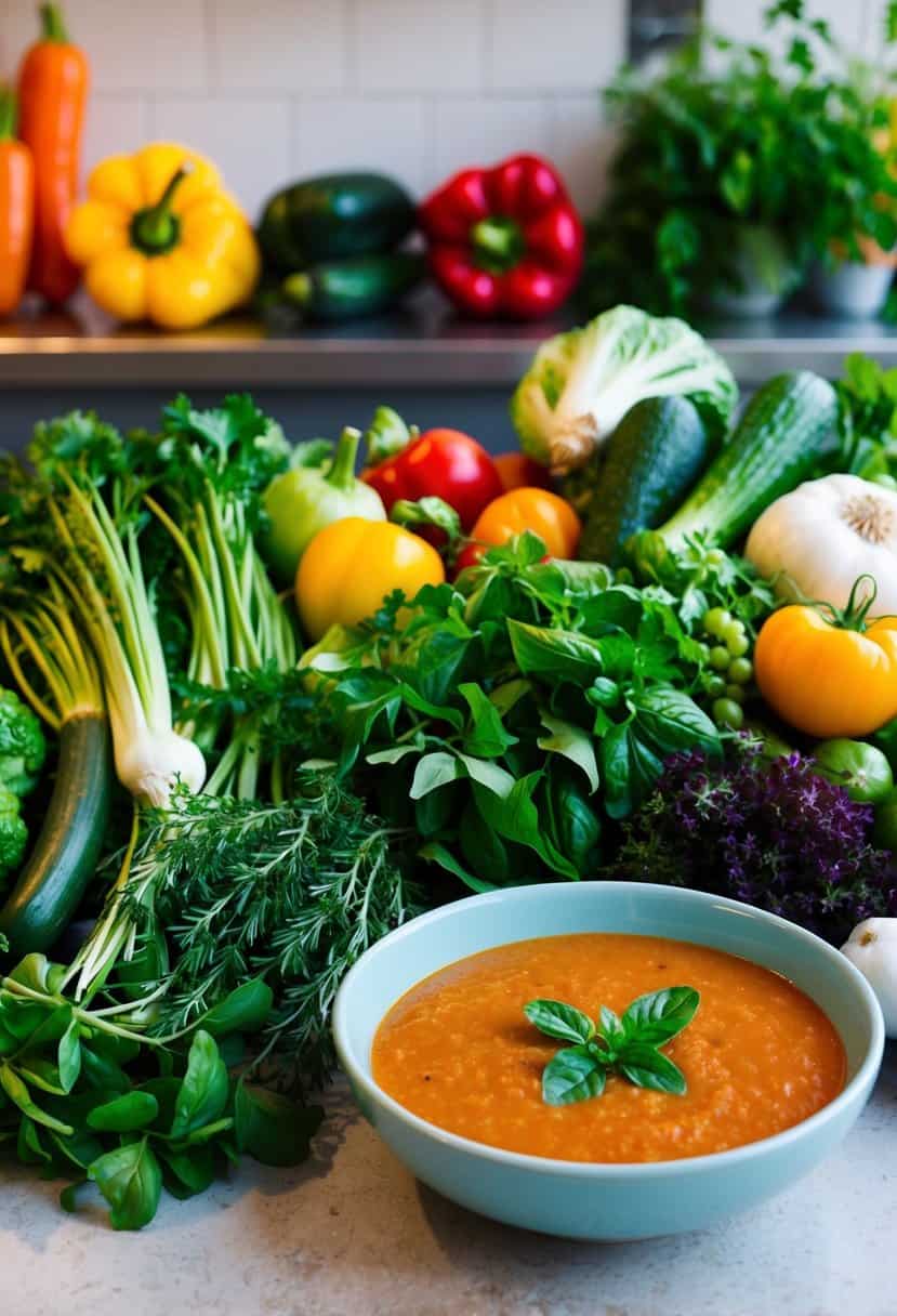 A colorful array of fresh vegetables and herbs arranged on a kitchen counter, alongside a bowl of chilled gazpacho soup